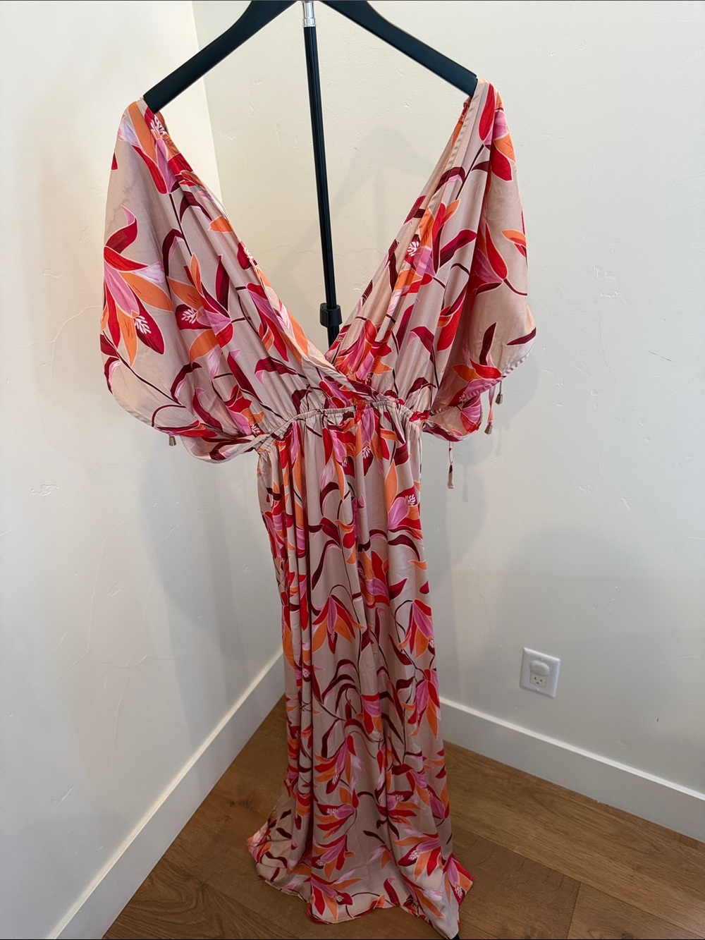 Aakaa Floral V-Neck Maxi Dress - Pink, Orange & Beige